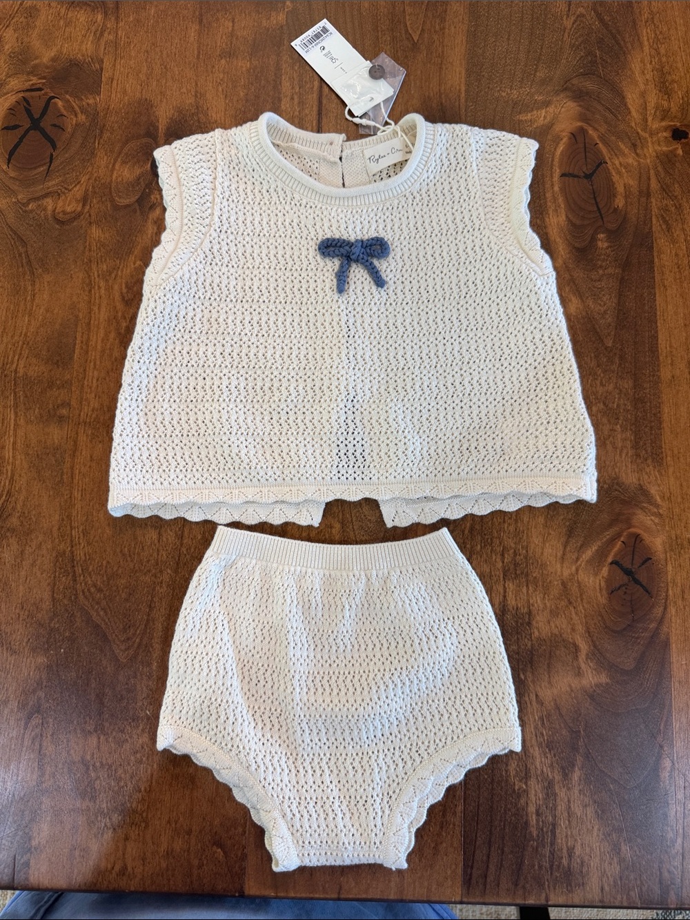 Rylee + Cru Cream Knit Top & Bloomer Set with Blue Bow